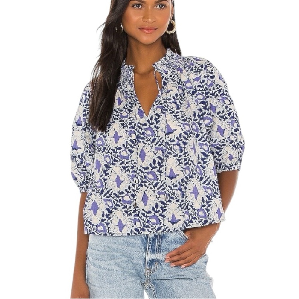 NEW Free People Willow Printed Puff Sleeve Tie Neck Blouse in Blue Combo - M